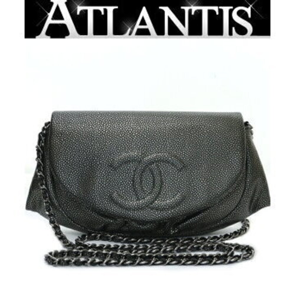 CHANEL Half Moon Chain Wallet Caviar Leather Silver